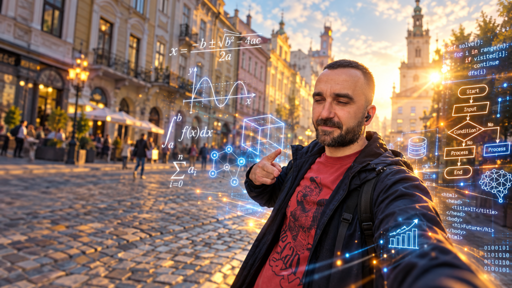 Студент за комп’ютером поруч із математичними формулами та схемою алгоритму