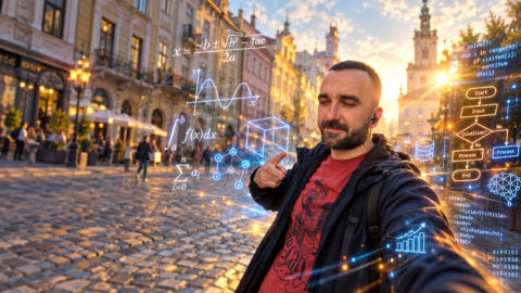 Студент за комп’ютером поруч із математичними формулами та схемою алгоритму